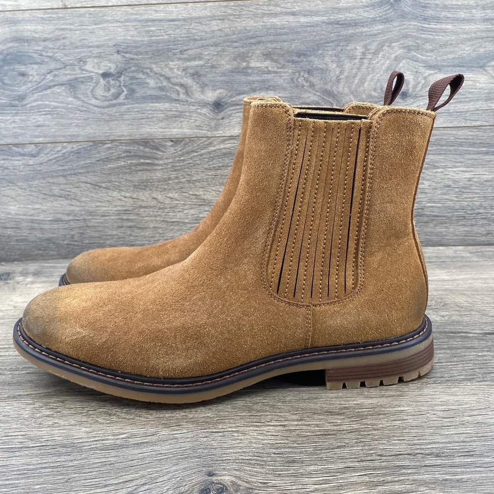 CLIFF Mens Ben Tan Beige Faux Suede Chelsea Boots Lug Sole Round Toe Size 9